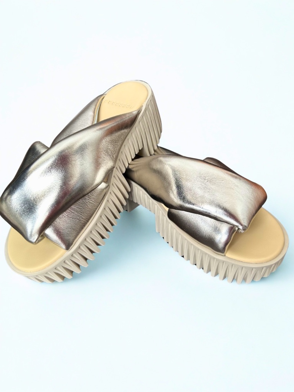 Metallic Leather Slide Sandals in Silver w/ Cushioned Platform by 4CCCCEES